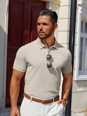 Men’s Polo Shirts 100% Cotton Heavyweight Short Sleeve Button Golf Shirts Classic Pullover Ribbed Collar and Cuffs
